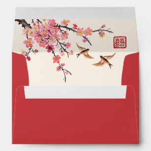 Chinese ink painting flowers birds red wedding envelope