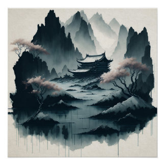 Chinese ink scroll paintings poster