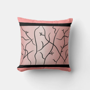 Chinese Ink Vines w/Black Strip- Pink Faux Silk Cushion