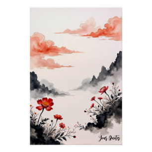 Chinese Ink Wash Poppy Art Poster