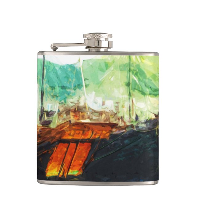 Chinese Junk in Hong Kong Harbour Abstract Hip Flask (Front)