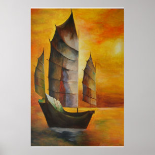 Chinese Junk In Ochre and Yellow Poster