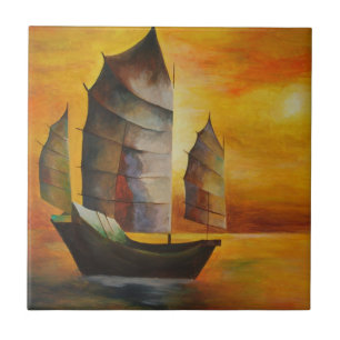 Chinese Junk In Ochre and Yellow Tile
