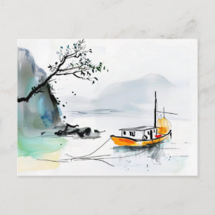 Chinese Junk Sailing on Tranquil Waters Postcard