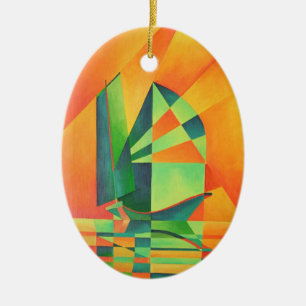 Chinese Junk Sails at Sunrise Orange And Green Ceramic Ornament