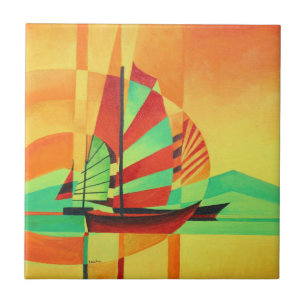 Chinese Junks Sail to Shore In Cubism Geo Art Ceramic Tile