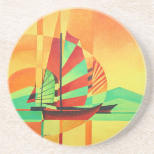 Chinese Junks Sail to Shore In Cubism Geo Art Coaster