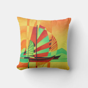 Chinese Junks Sail to Shore In Cubism Geo Art Cushion