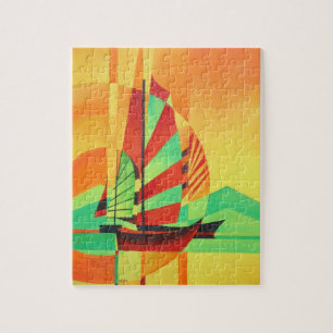 Chinese Junks Sail to Shore In Cubism Geo Art Jigsaw Puzzle