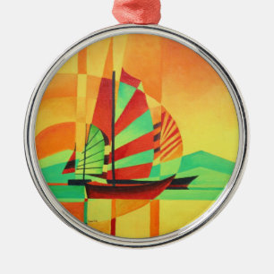 Chinese Junks Sail to Shore In Cubism Geo Art Metal Ornament