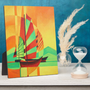 Chinese Junks Sail to Shore In Cubism Geo Art Plaque