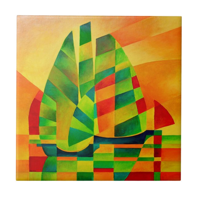 Chinese Junks, Sunset, Sails and Shadows Bold  Ceramic Tile (Front)