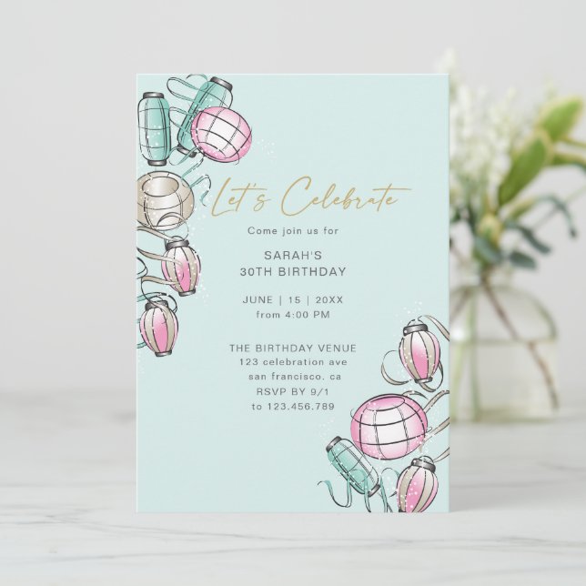 Chinese Lantern & Ribbon Theme Birthday Invitation (Standing Front)
