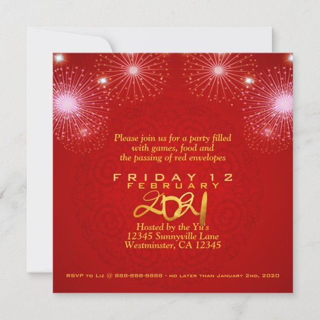 Chinese Lanterns Fireworks Ox Year 2021 Invitation (Front)