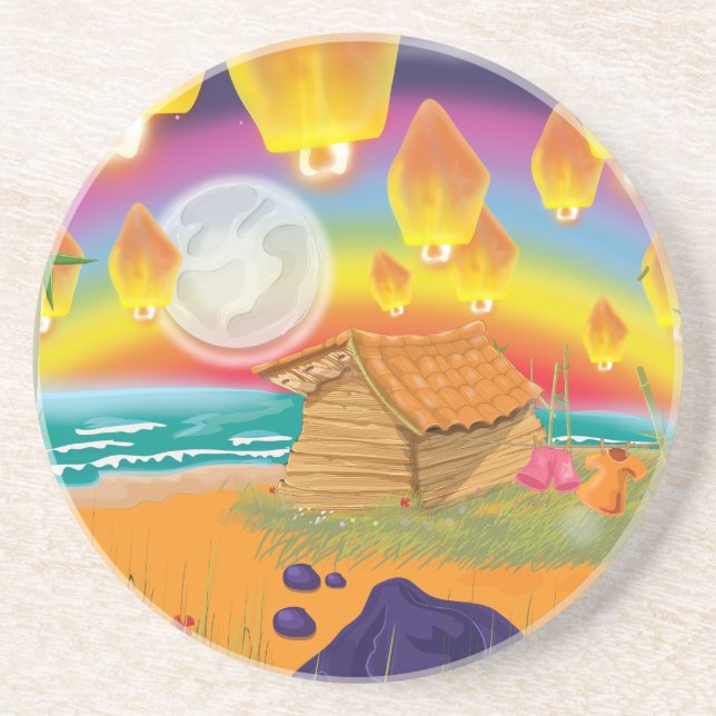 Chinese lanterns floating on a moonlit beach coaster (Front)