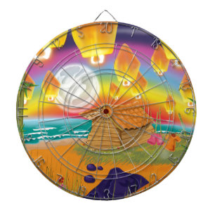 Chinese lanterns floating on a moonlit beach dartboard