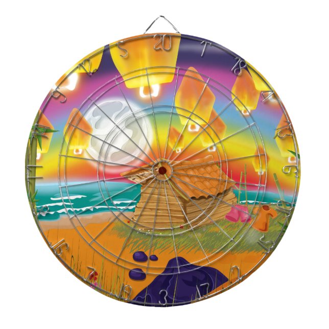 Chinese lanterns floating on a moonlit beach dartboard (Front)