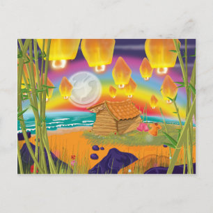 Chinese lanterns floating on a moonlit beach postcard