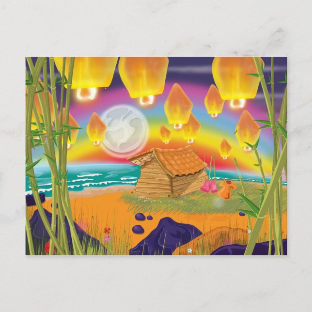 Chinese lanterns floating on a moonlit beach postcard (Front)