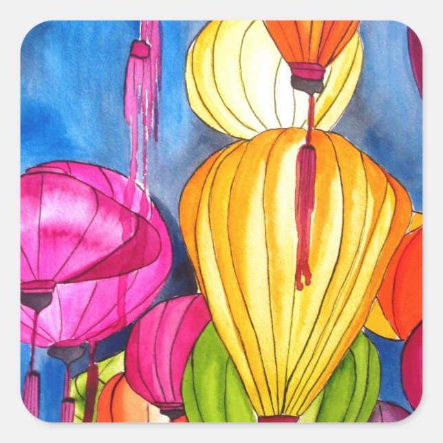 Chinese Lanterns watercolour fine art Square Sticker (Front)