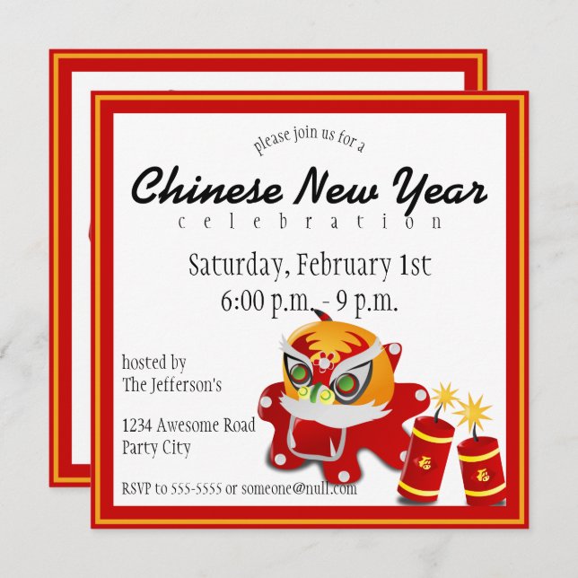 Chinese Lion and Firecrackers Invitation (Front/Back)