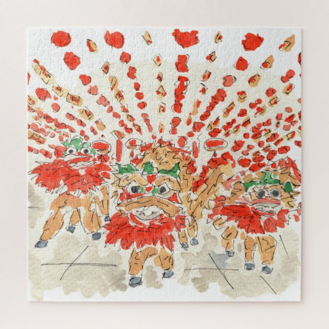 Chinese Lion Dance Watercolor Jigsaw Puzzle (Vertical)