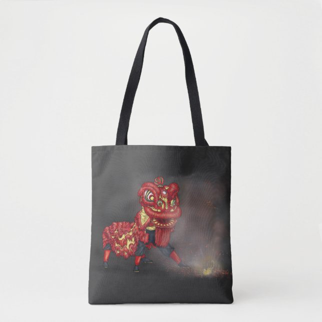 Chinese Lion Dancers Firecracker Illustration Tote Bag (Front)