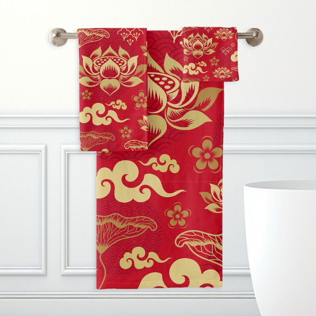Chinese Lotus Floral Oriental Asian Pattern Trendy Bath Towel Set (Creator Uploaded)
