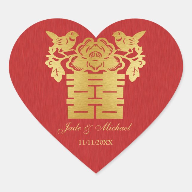 Chinese Love BIrds Double Happiness Wedding Heart Sticker (Front)