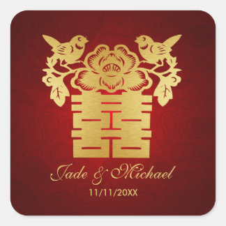 Chinese Love BIrds Double Happiness Wedding Square Sticker