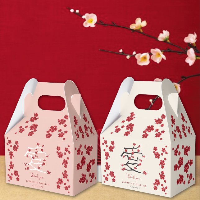 Chinese Love Red Cherry Blossoms Engagement Party  Favour Box (Chinese 'Ai' Love Red/Pink Cherry Blossoms Engagement/Wedding Party Favor Boxes @ fatfatin_red_knot)