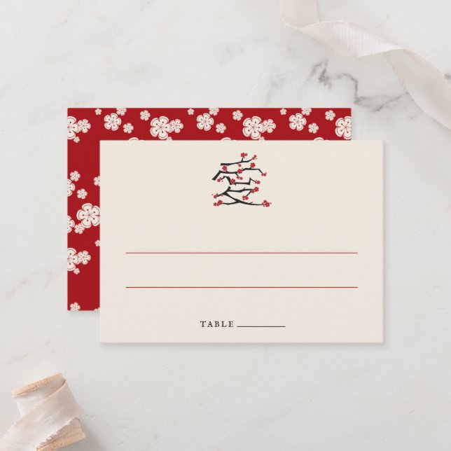 Chinese Love Red Cherry Blossoms Engagement Party  Place Card (Front/Back In Situ)