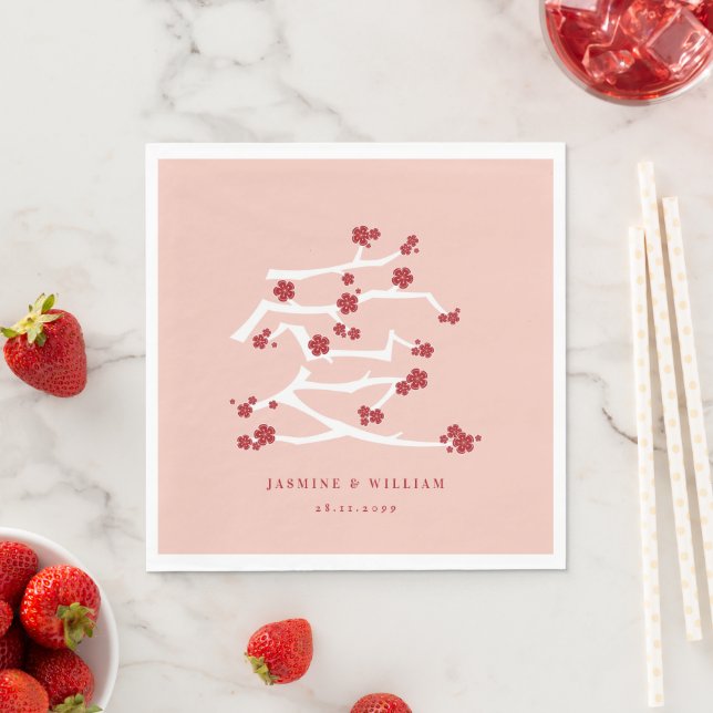 Chinese Love Red Cherry Blossoms Engagement Shower Napkin (Insitu)