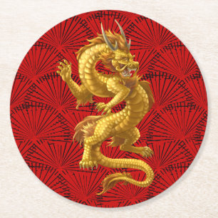 Chinese Lucky Gold Dragon Round Paper Coaster