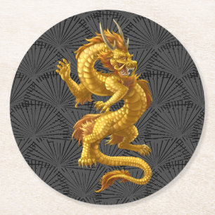 Chinese Lucky Gold Dragon Round Paper Coaster