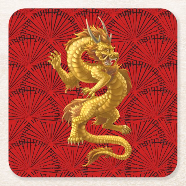 Chinese Lucky Gold Dragon Square Paper Coaster (Front)