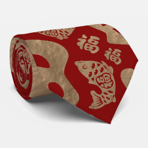Chinese Lucky Symbols and Koi Fish - Red and Gold Tie