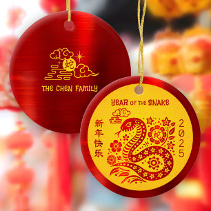 Chinese Lunar New Year Snake Red Foil Yellow 2025 Ceramic Ornament