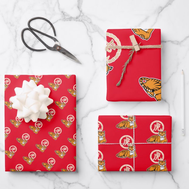 Chinese lunar New Year Tiger zodiac lucky Wrapping Paper Sheet (Front)