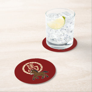 Chinese Lunar Year of the Horse with Golden Zodiac Round Paper Coaster
