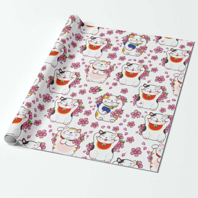 Chinese Maneki-neko Cats Wrapping Paper (Unrolled)