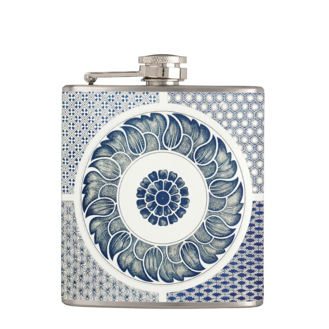 Chinese Medallion: Indigo Blue Chinoiserie Hip Flask (Front)