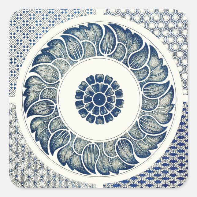 Chinese Medallion: Indigo Blue Chinoiserie Square Sticker (Front)