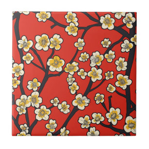 Chinese Meihua White Plum Blossom Crimson Pattern Ceramic Tile