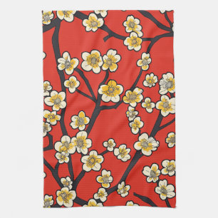 Chinese Meihua White Plum Blossom Crimson Pattern Tea Towel