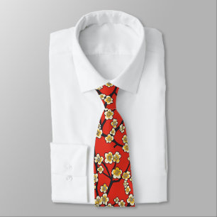 Chinese Meihua White Plum Blossom Crimson Pattern Tie