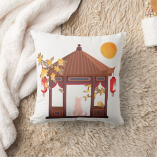 Chinese Mid-Autumn Moon Cat in Traditional Pavilon Cushion