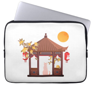 Chinese Mid-Autumn Moon Cat in Traditional Pavilon Laptop Sleeve