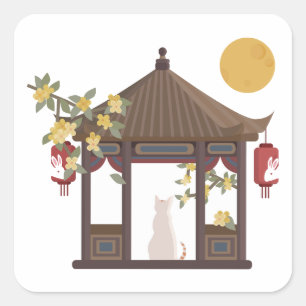 Chinese Mid-Autumn Moon Cat in Traditional Pavilon Square Sticker