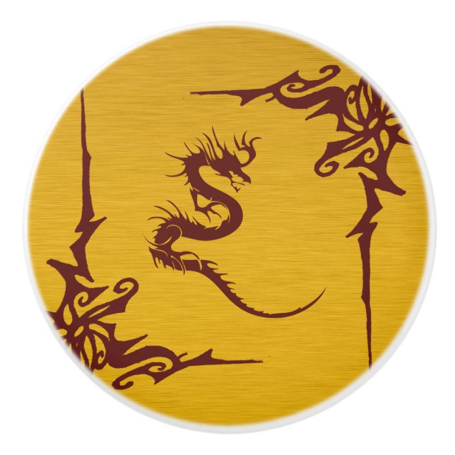 Chinese Mythology Dragon, Swirls - Gold Red Ceramic Knob (Front)